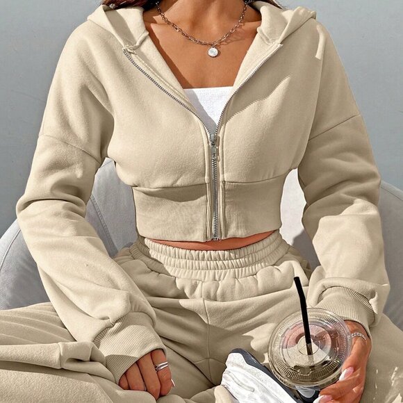 Khaki Casual Women's Zipper Front Hoodie And Pants Two Piece Set - Picture 2 of 7